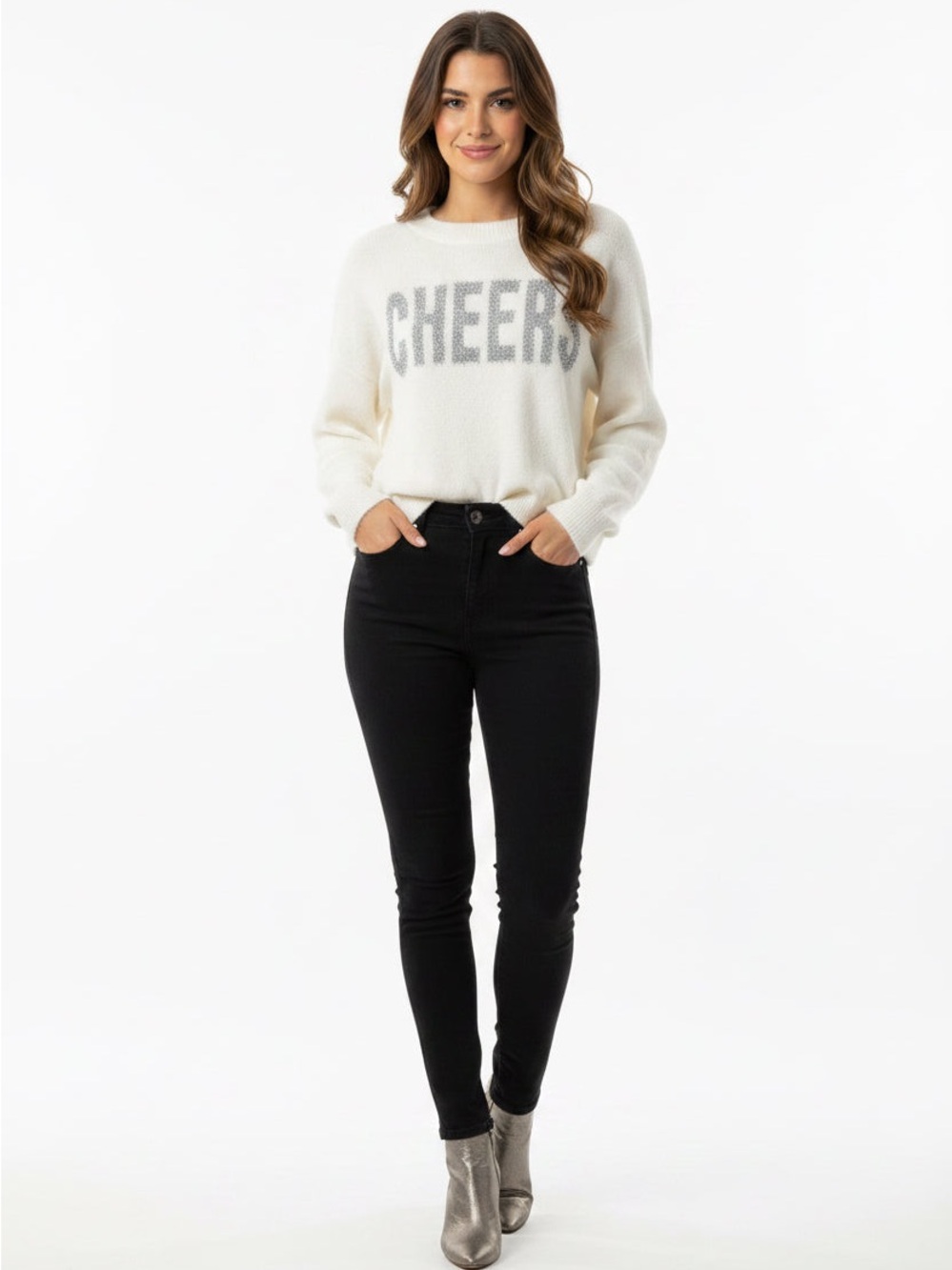 Gianni Bini Ivory Crewneck Sweater with Silver 'CHEERS' Glitter